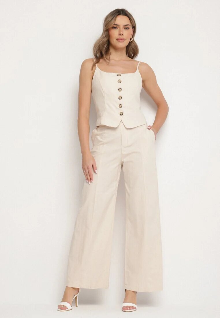elsa.m by may Set Bej cu Top și Pantaloni în Stil Costum din Bumbac și Viscoză Divelune