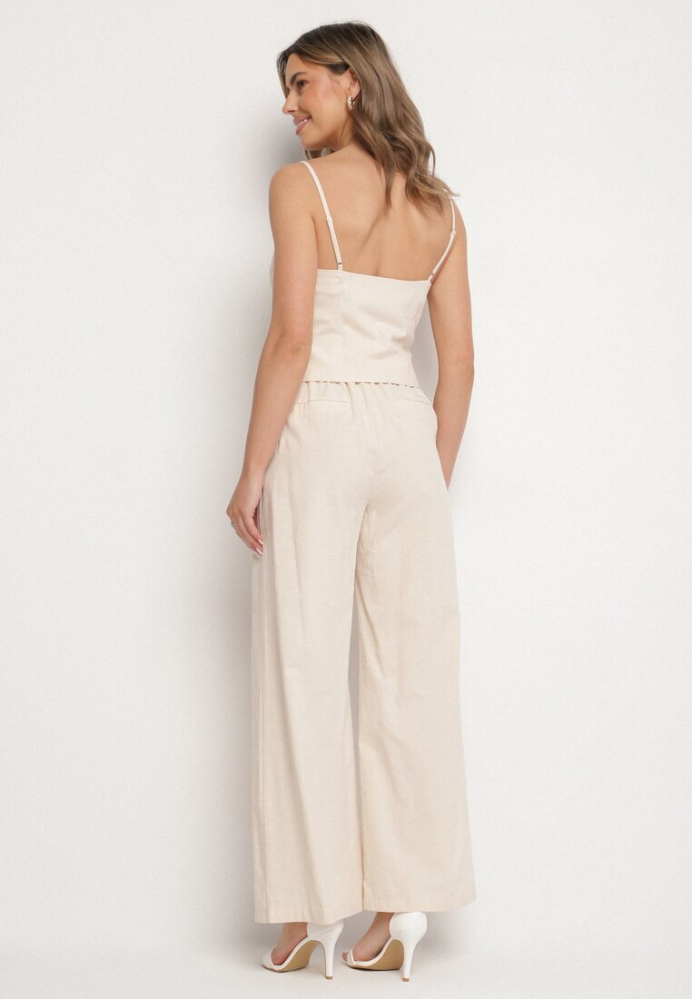 elsa.m by may Set Bej cu Top și Pantaloni în Stil Costum din Bumbac și Viscoză Divelune
