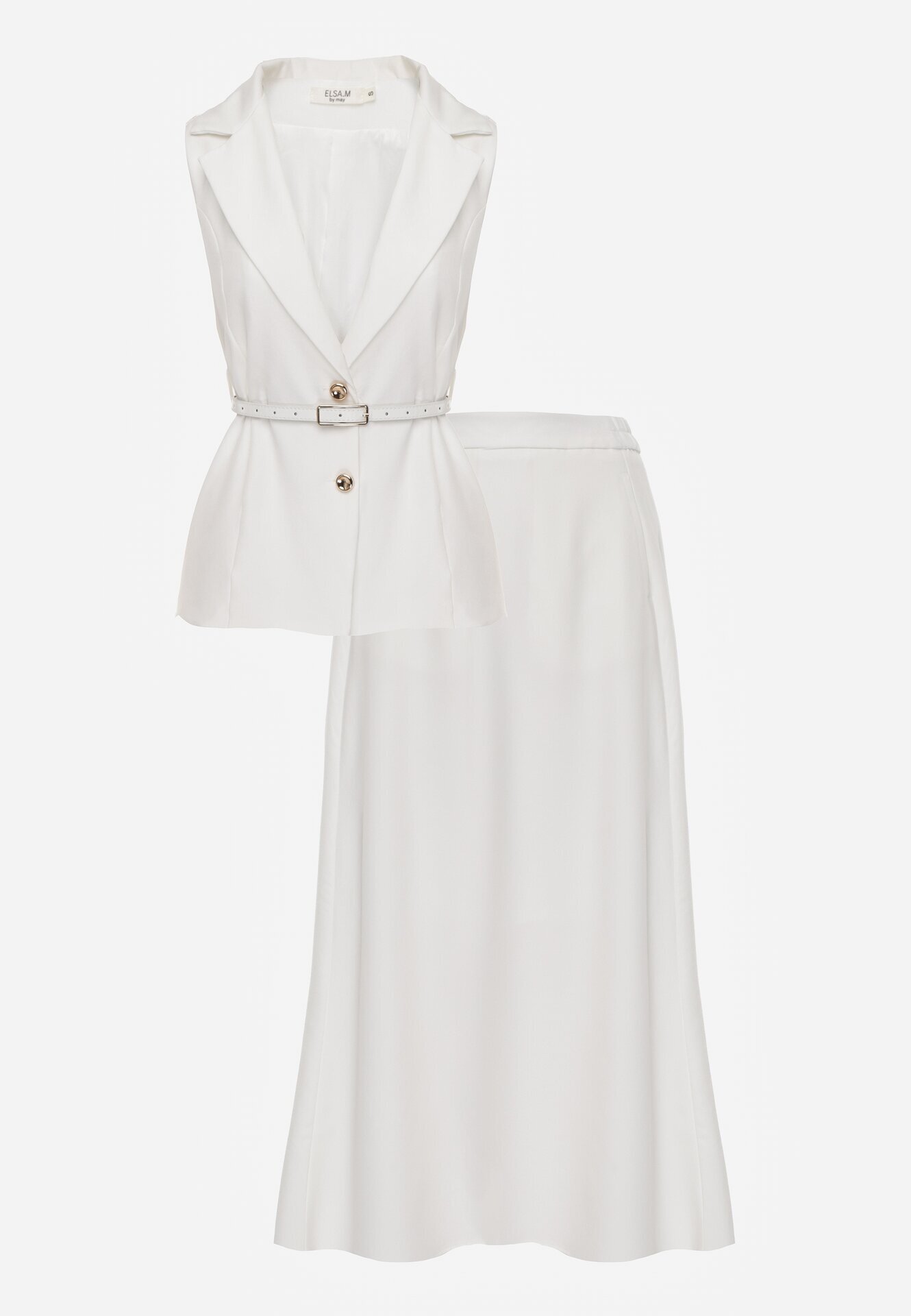 elsa.m by may Set elegant în stil de costum cu fustă trapez lungă și vestă cu guler și curea Pentha Alb