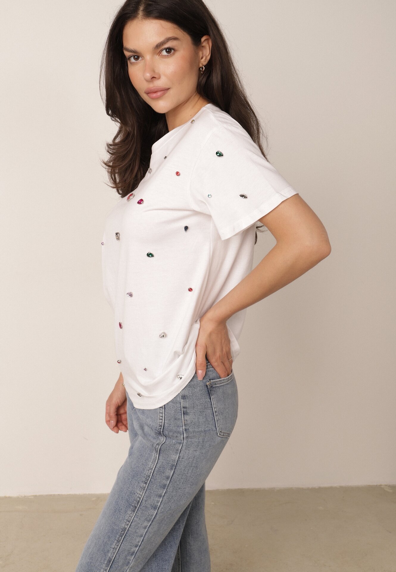 elsa.m by may T-shirt alb Decorat cu Circonii Colorate Wiadea