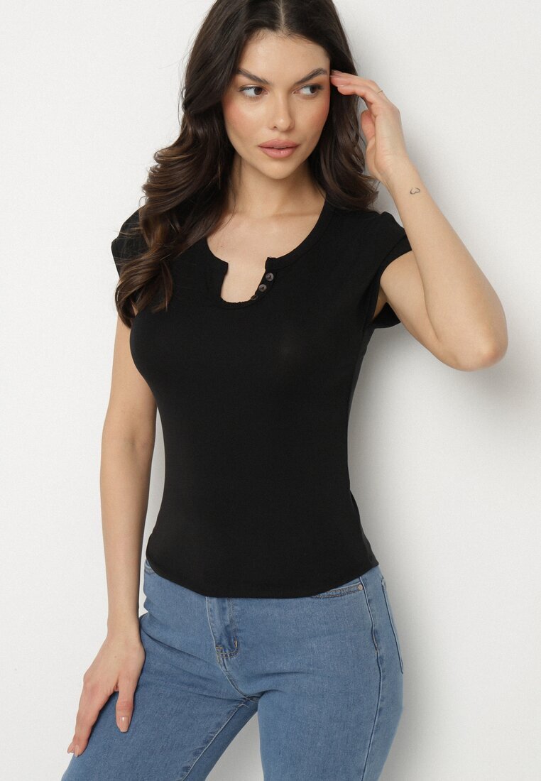 elsa.m by may T-shirt Negru cu Croială Ajustată cu Decupaj și Nasturi la Decolteu Ballirea