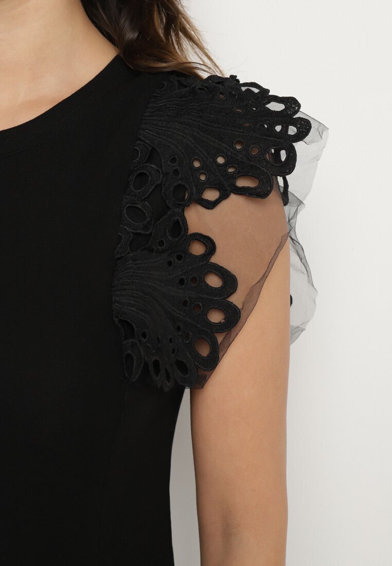 elsa.m by may Top negru din bumbac cu dantelă la umeri Learena