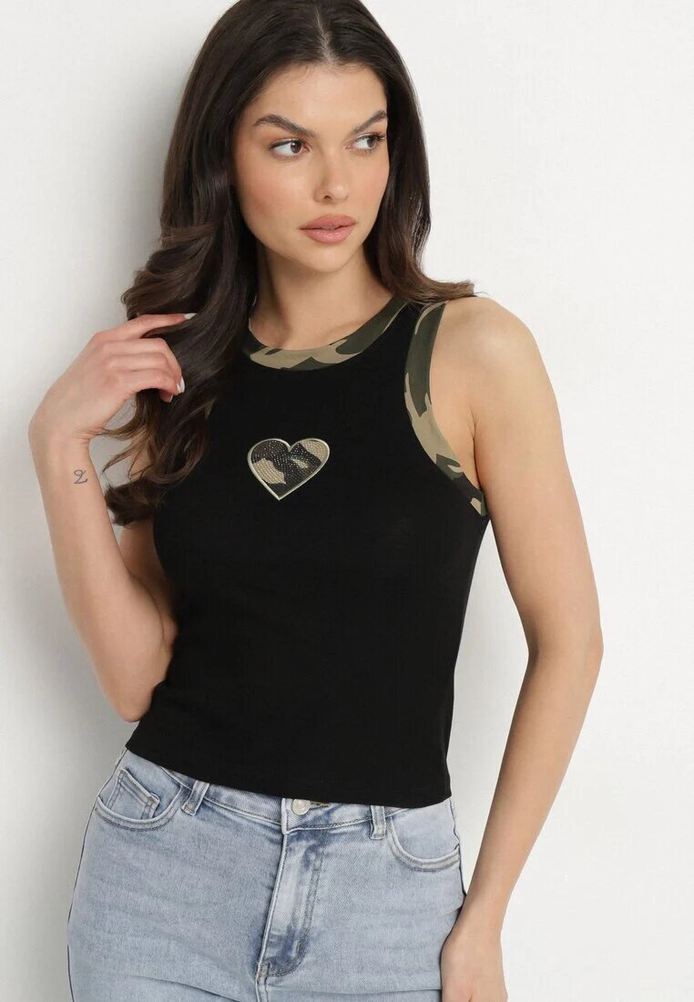 elsa.m by may Top Negru din Bumbac Decorat cu Inimă Moro și cu Zirconii Lisarosa