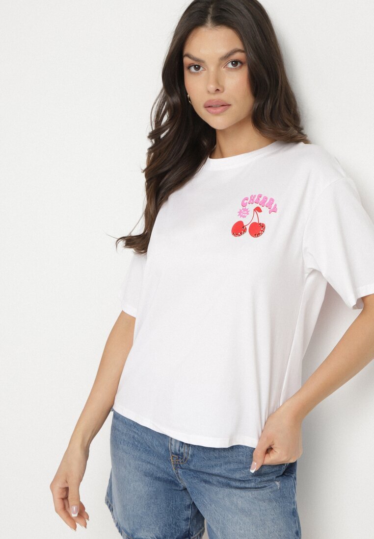 elsa.m by may Tricou Alb cu Bumbac Zirconii și Motiv Cireșe Linmira