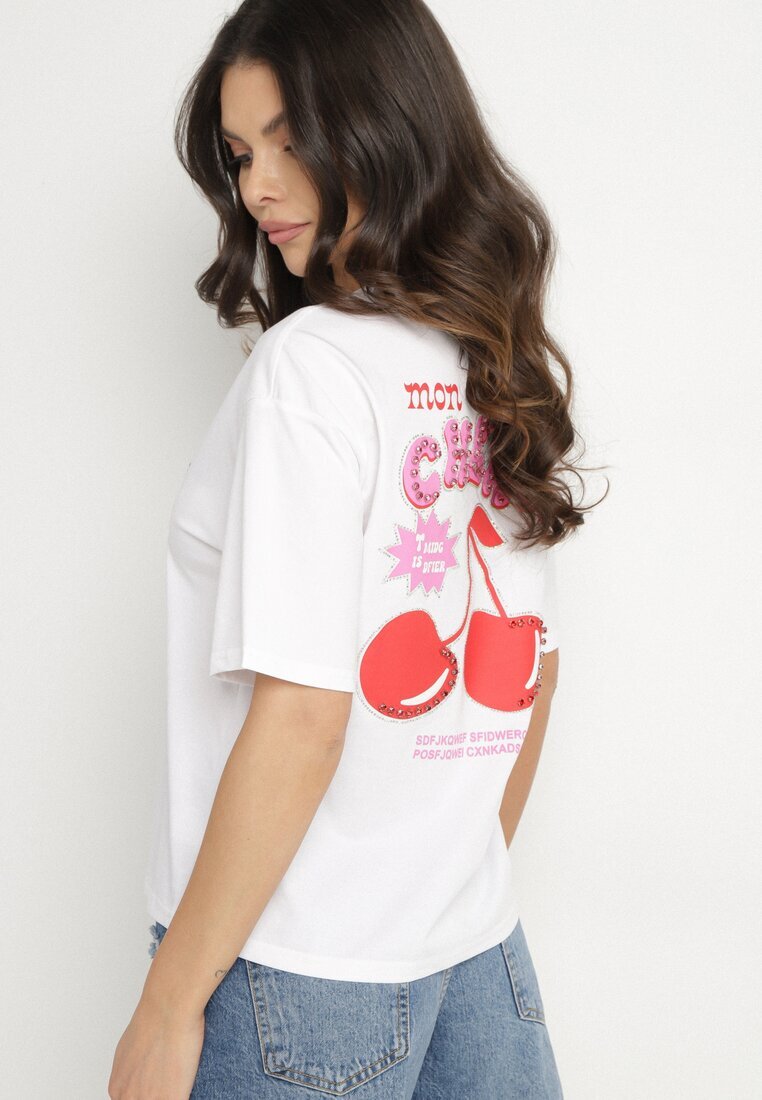 elsa.m by may Tricou Alb cu Bumbac Zirconii și Motiv Cireșe Linmira