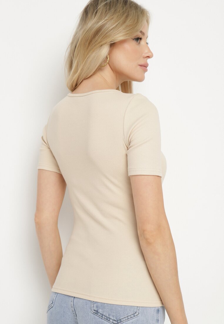 elsa.m by may Tricou Bej Striat din Bumbac Decorat cu Nasturi Tasavia