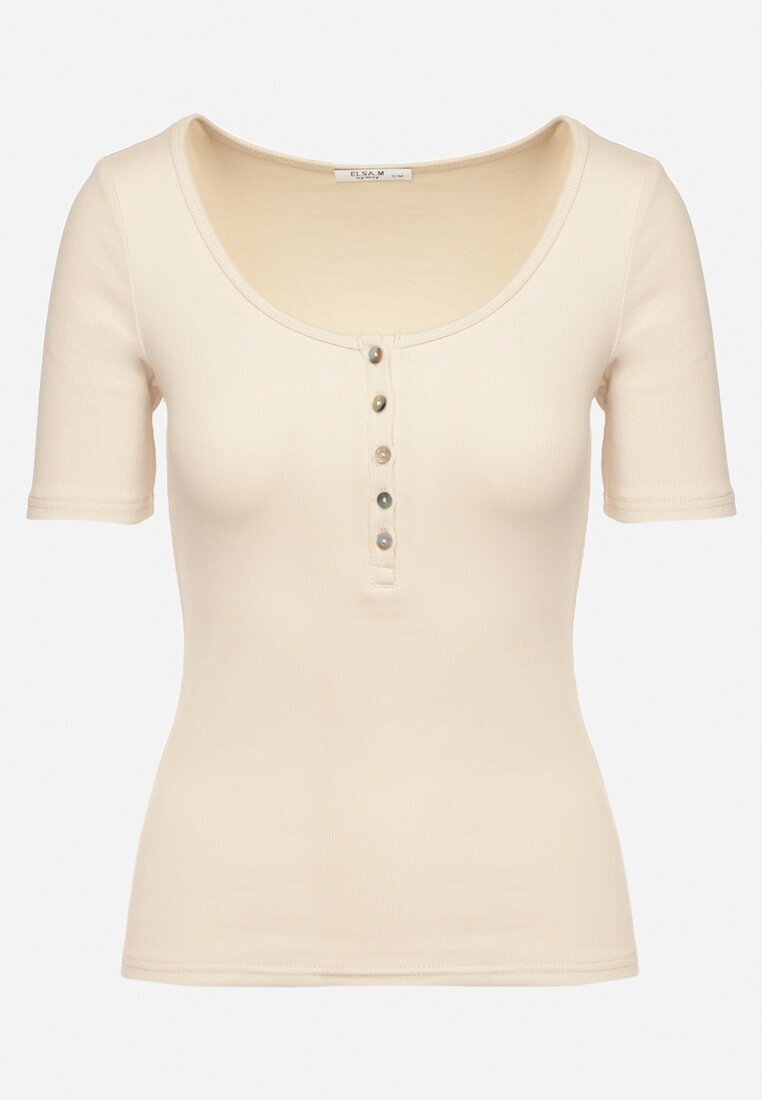 elsa.m by may Tricou Bej Striat din Bumbac Decorat cu Nasturi Tasavia