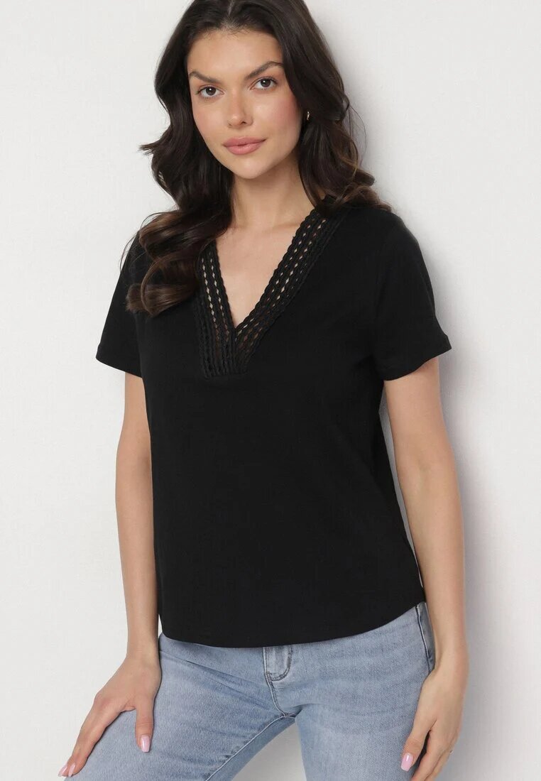 elsa.m by may Tricou Negru din Bumbac cu Viscoză și Decorație Perforată Alivira