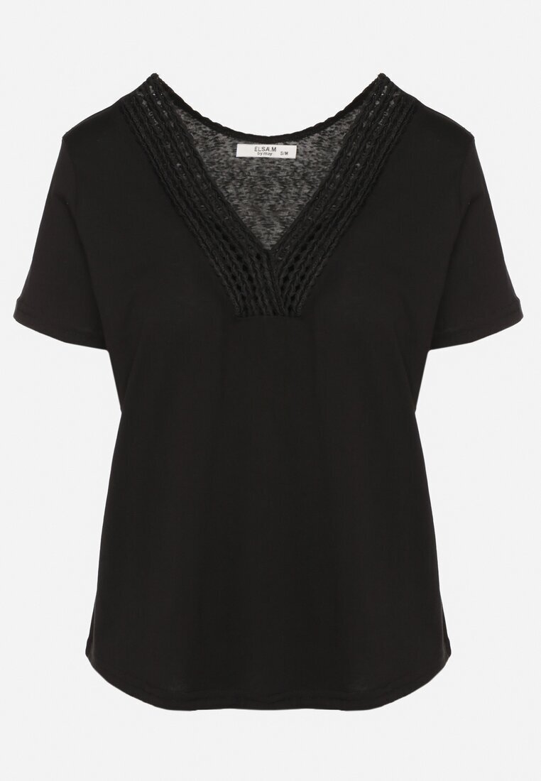 elsa.m by may Tricou Negru din Bumbac cu Viscoză și Decorație Perforată Alivira