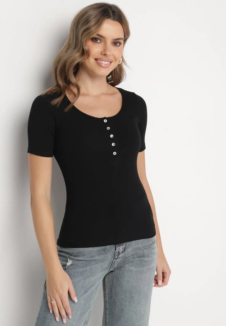 elsa.m by may Tricou Negru Reiat din Bumbac decorat cu nasturi Tasavia