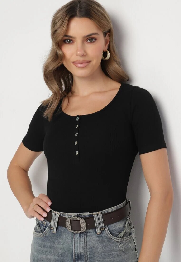 elsa.m by may Tricou Negru Reiat din Bumbac decorat cu nasturi Tasavia