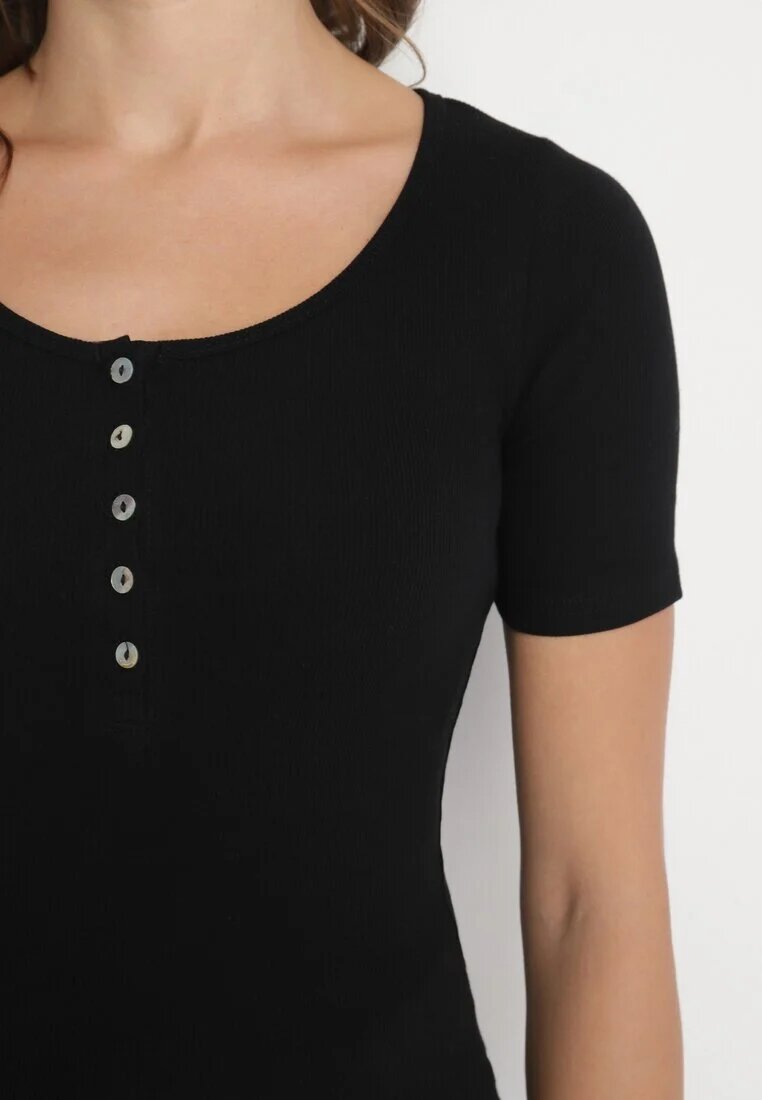 elsa.m by may Tricou Negru Reiat din Bumbac decorat cu nasturi Tasavia