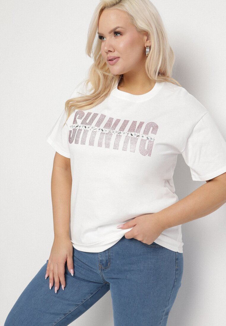 emt T-shirt Alb din bumbac cu inscripție cu zirconiu Hirtebia