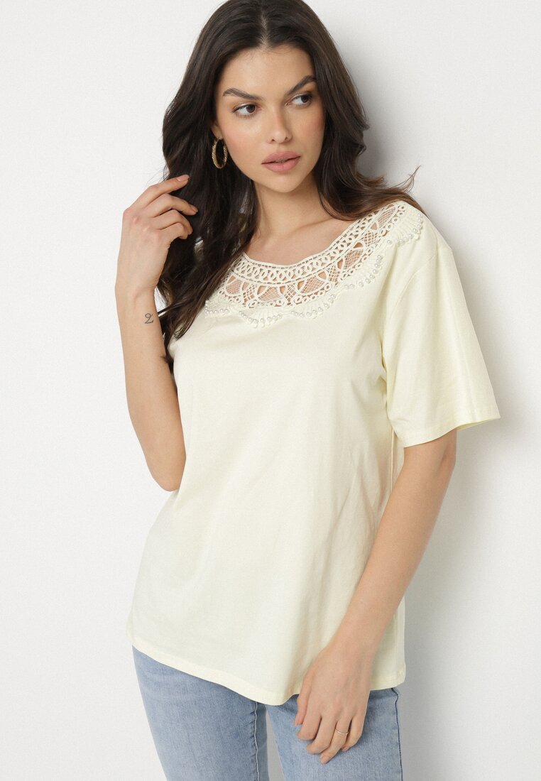 emt T-shirt Galben Oversize cu Dantelă decorativă și Perle Elanoriel