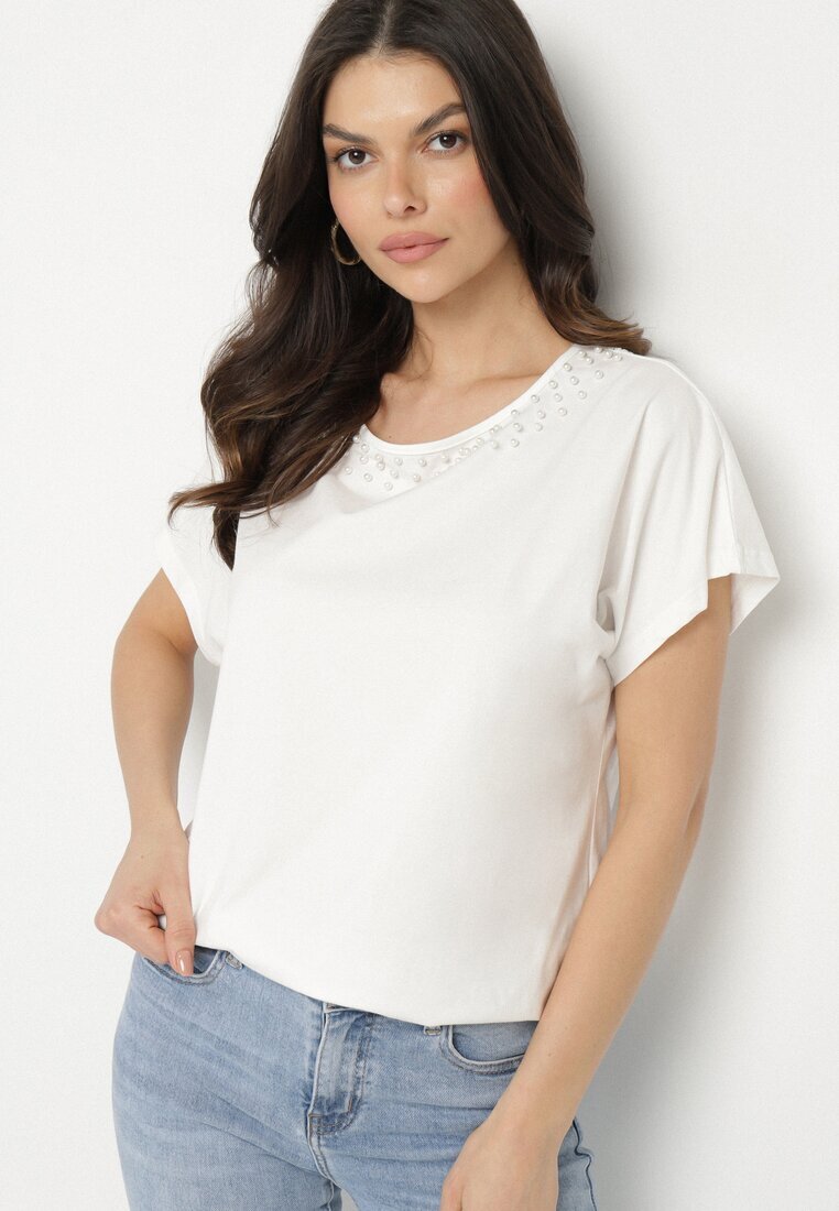 emt Tricou Alb din bumbac model liliac cu Perle și Dantelă Eleziria