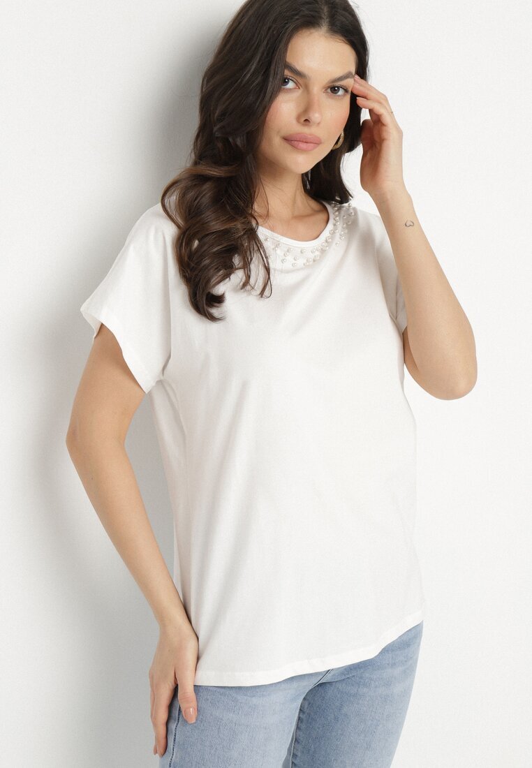 emt Tricou Alb din bumbac model liliac cu Perle și Dantelă Eleziria
