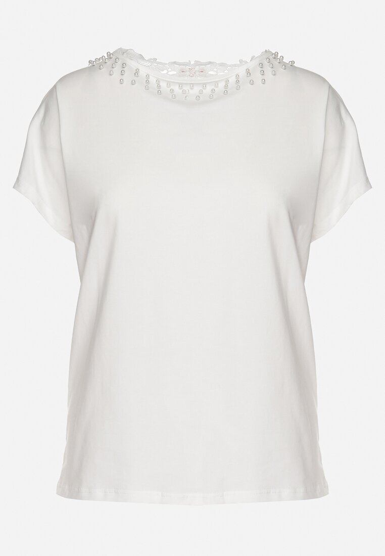 emt Tricou Alb din bumbac model liliac cu Perle și Dantelă Eleziria