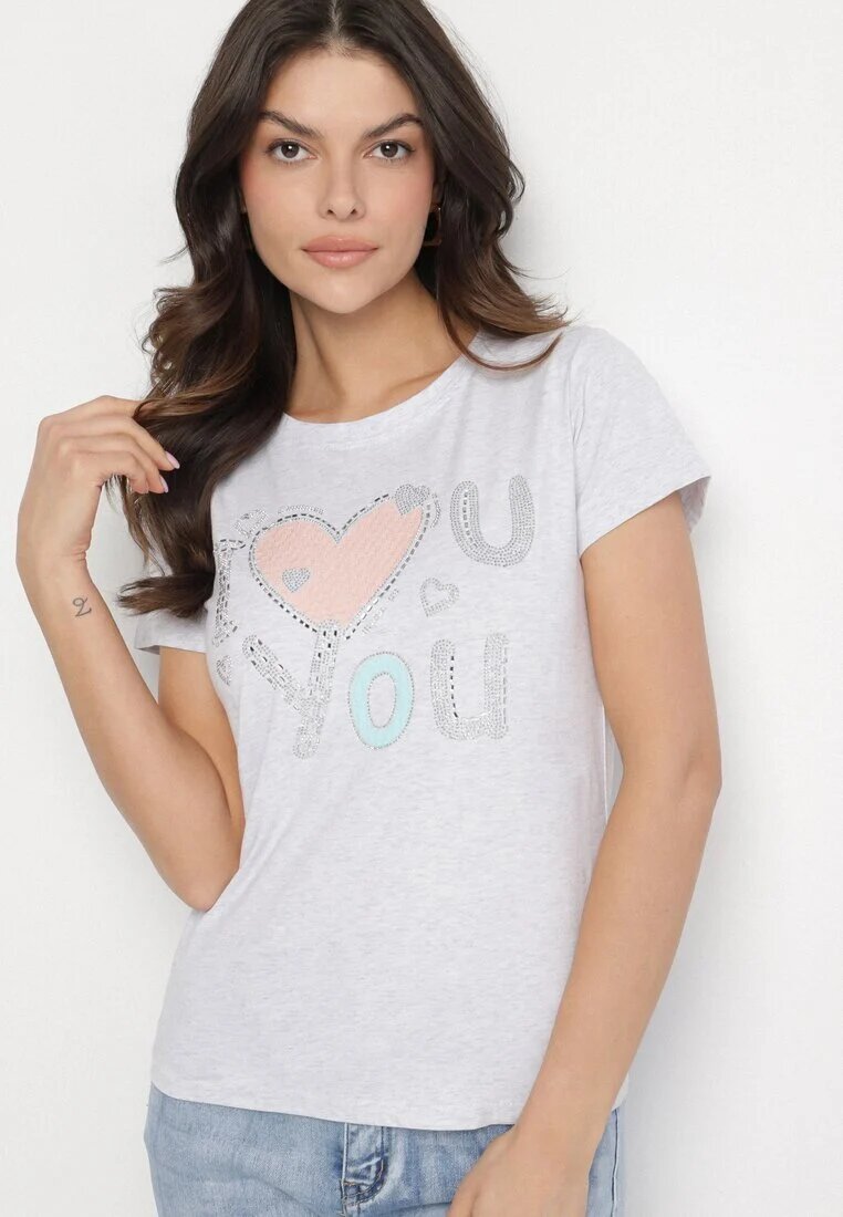 emt Tricou De bumbac Gri deschis cu Inimă și Text Olirwenna