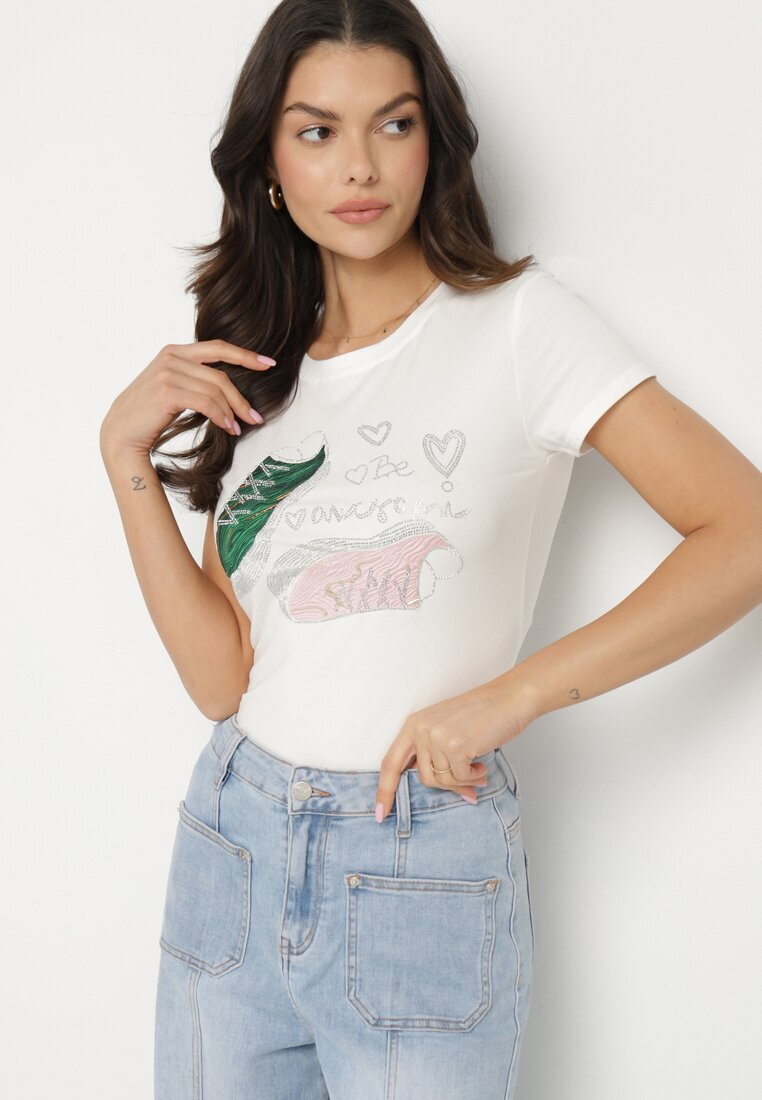 emt Tricou din bumbac Alb cu Imprimeu cu Zirconii Karissen