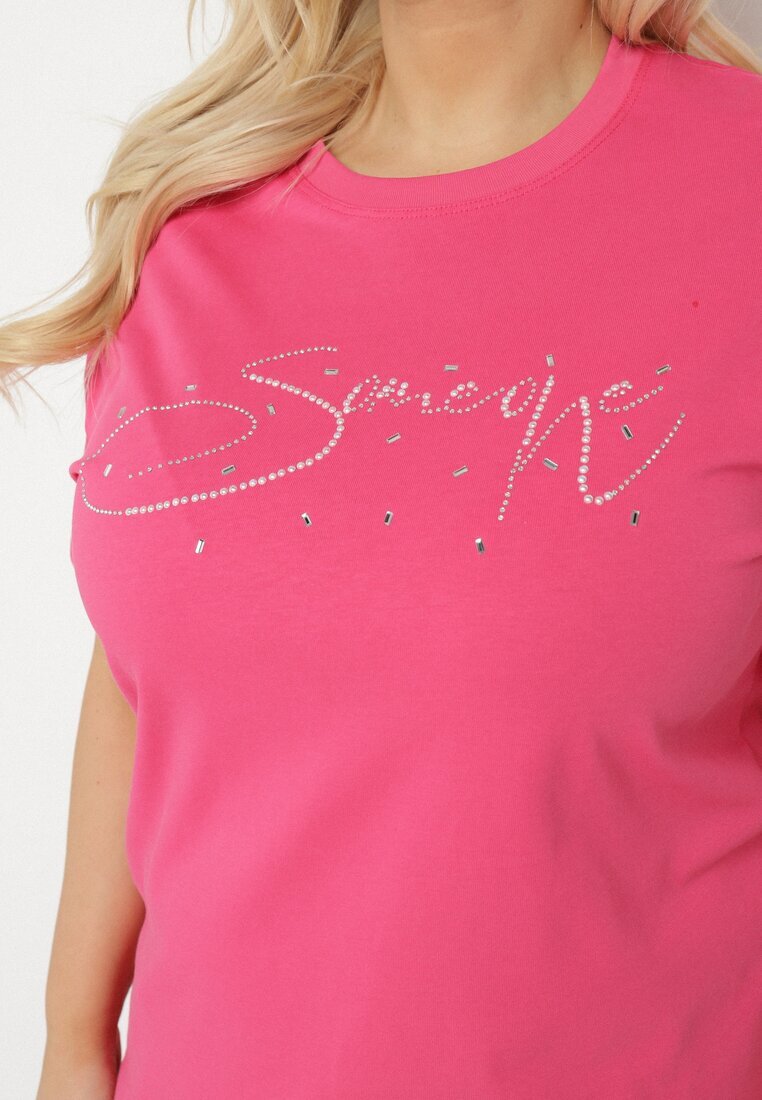 emt Tricou din bumbac roz cu text decorativ și pietre Olisandra