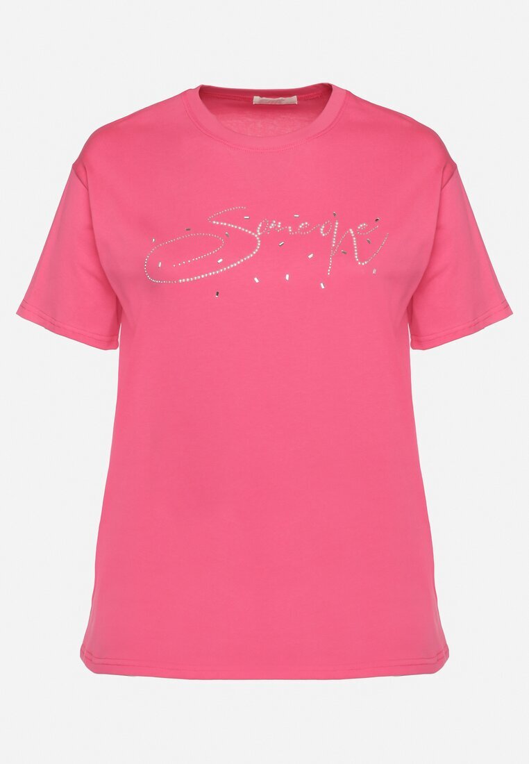 emt Tricou din bumbac roz cu text decorativ și pietre Olisandra
