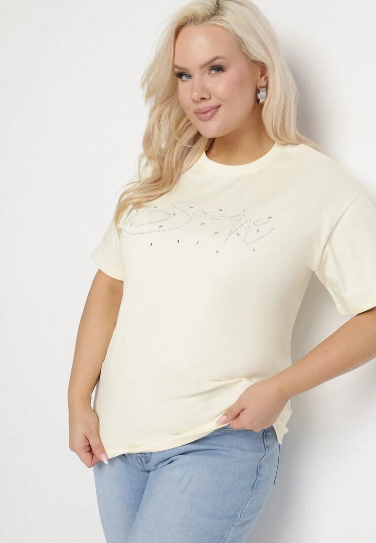 emt Tricou Galben de Bumbac cu Text Decorativ și Zirconii Olisandra