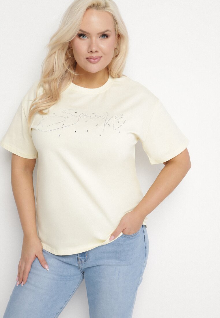 emt Tricou Galben de Bumbac cu Text Decorativ și Zirconii Olisandra