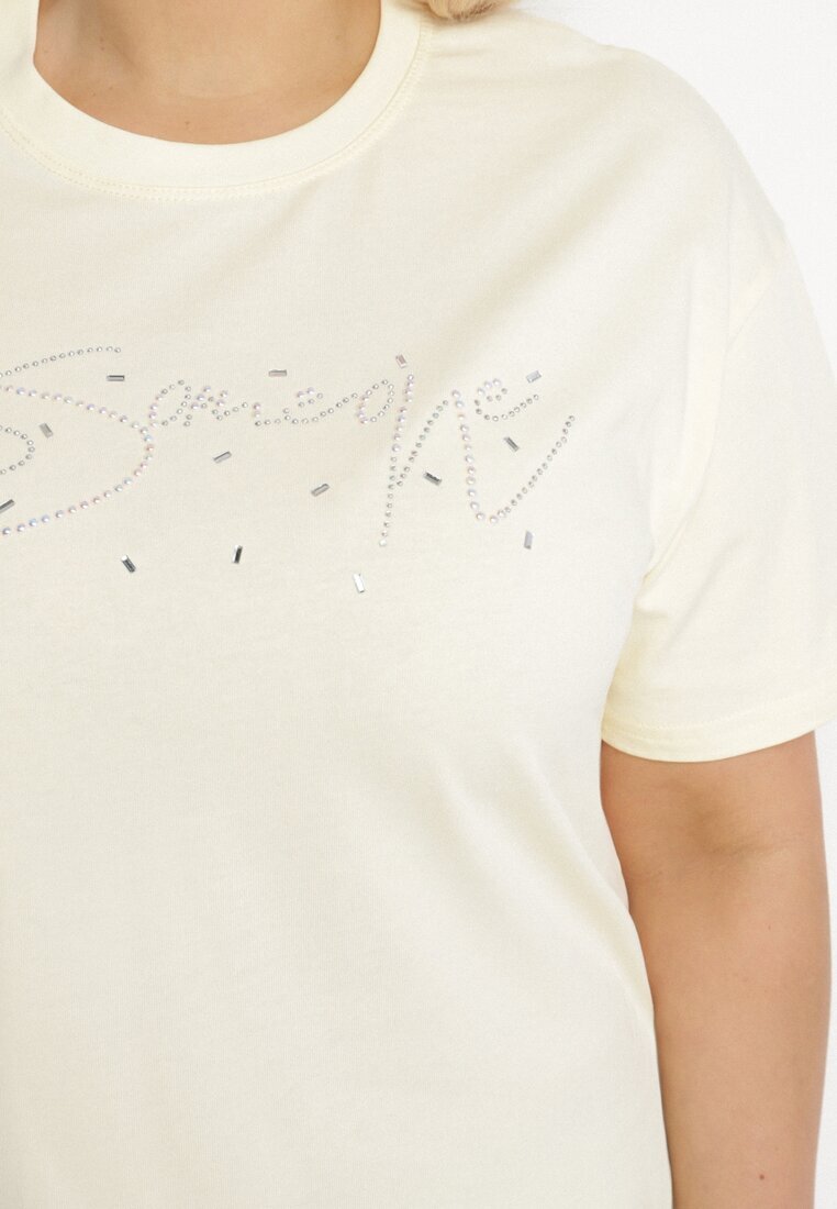 emt Tricou Galben de Bumbac cu Text Decorativ și Zirconii Olisandra