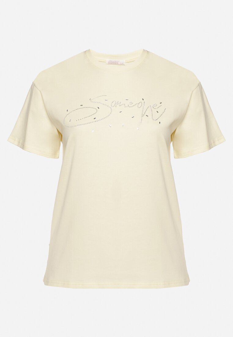 emt Tricou Galben de Bumbac cu Text Decorativ și Zirconii Olisandra