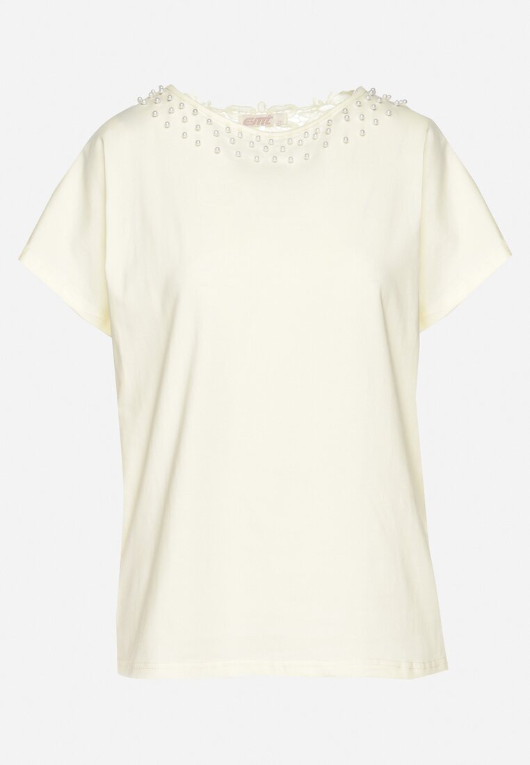 emt Tricou Galben din Bumbac Liliac cu Perle și Dantelă Eleziria