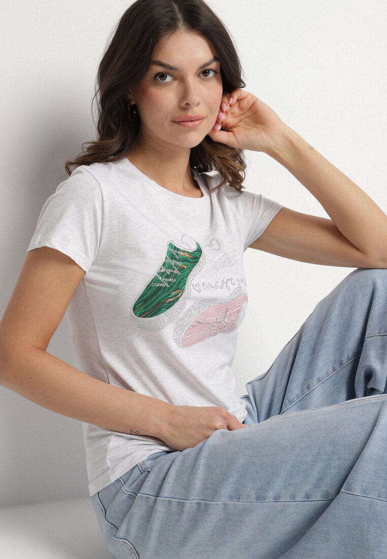 emt Tricou Gri deschis Bumbac cu Imprimeu cu Strasuri Karissen