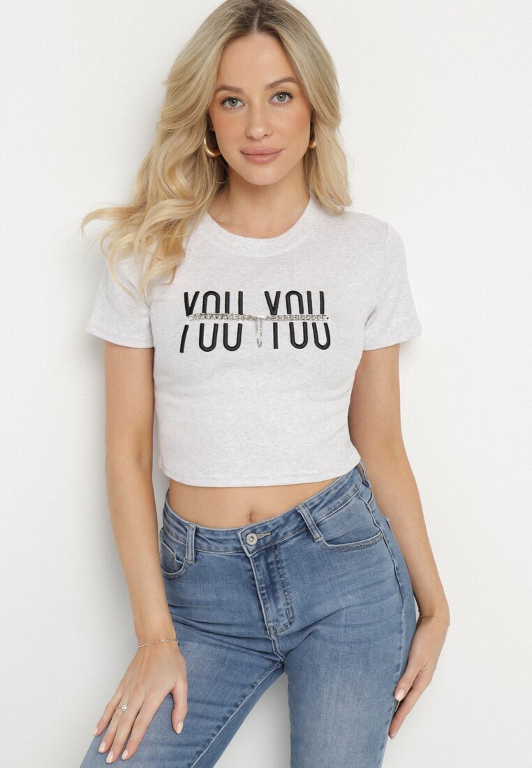 emt Tricou Gri deschis de bumbac cu imprimeu și lanț Olimelia
