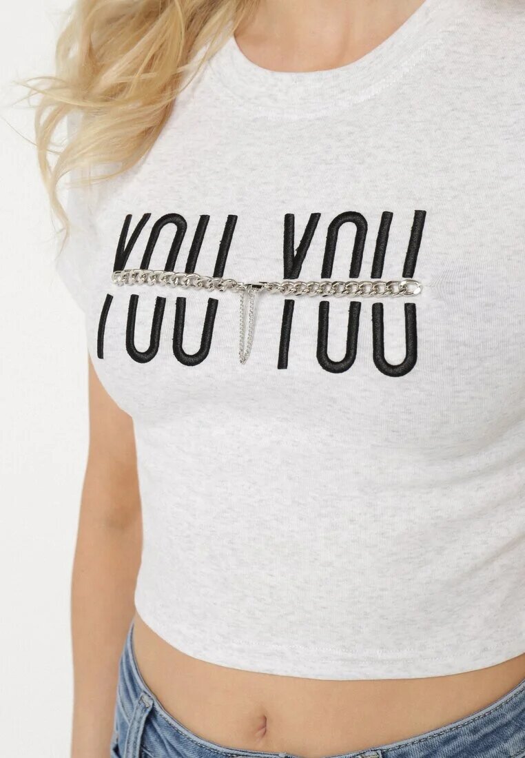 emt Tricou Gri deschis de bumbac cu imprimeu și lanț Olimelia