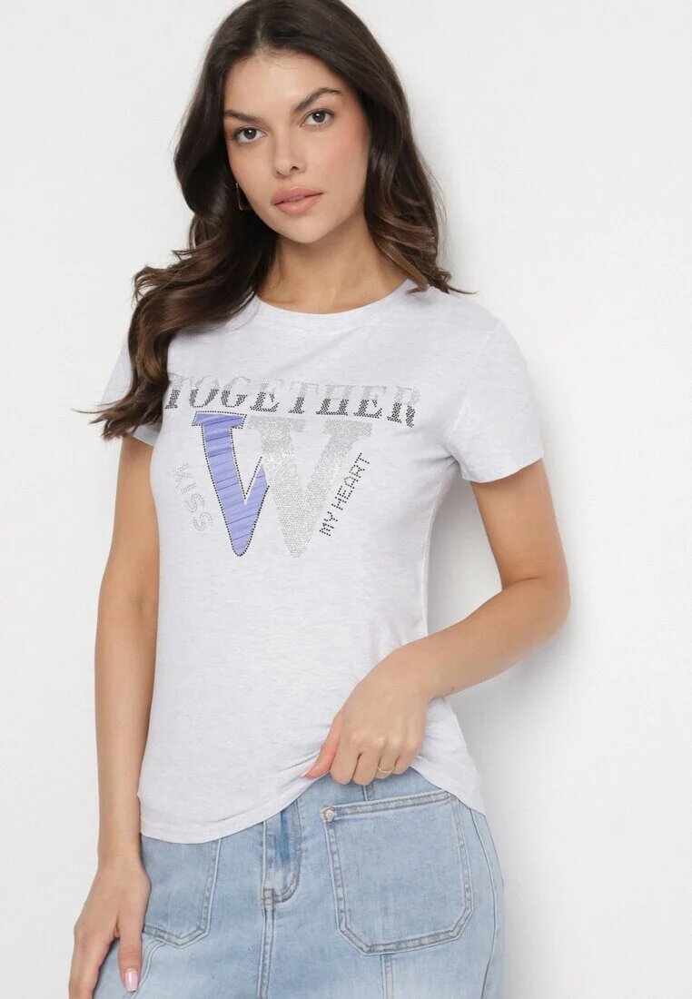 emt Tricou Gri deschis din bumbac Decorat cu inscripție și cristale Raltebis