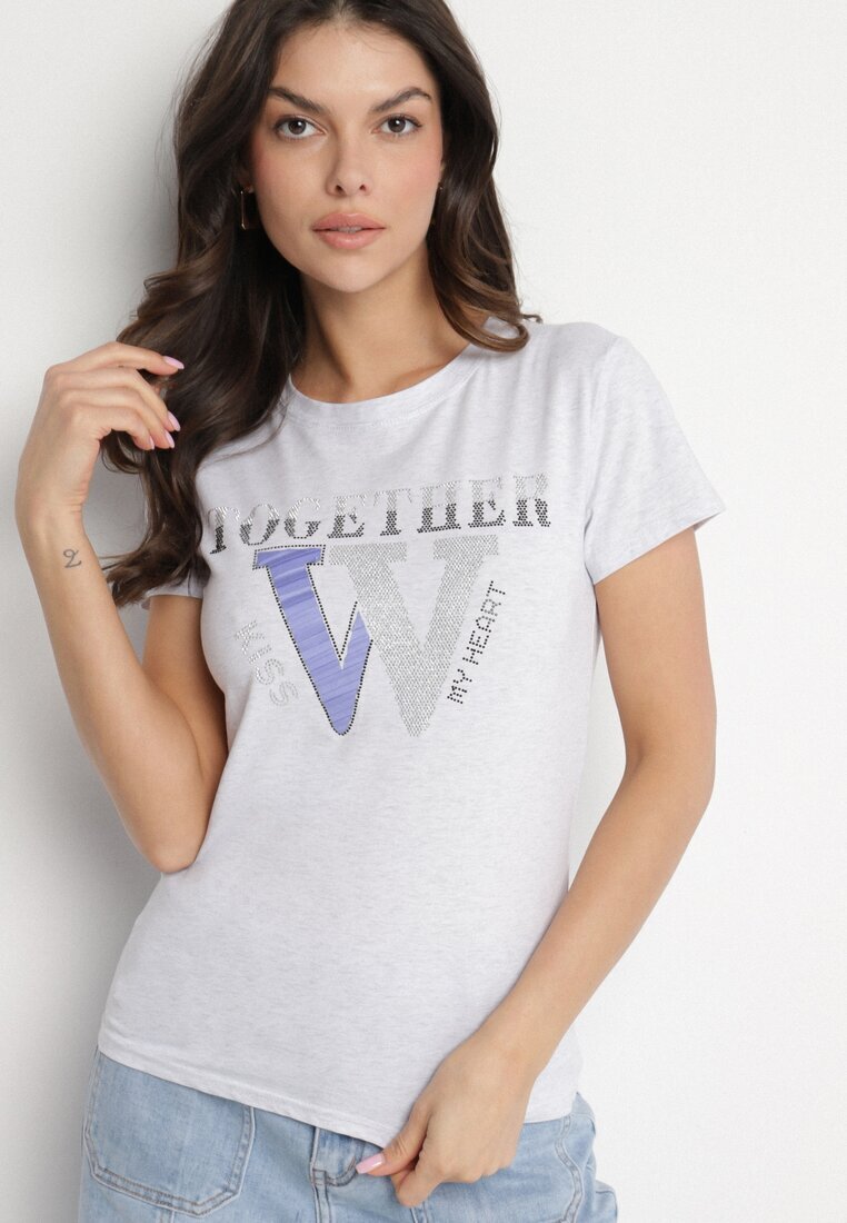 emt Tricou Gri deschis din bumbac Decorat cu inscripție și cristale Raltebis