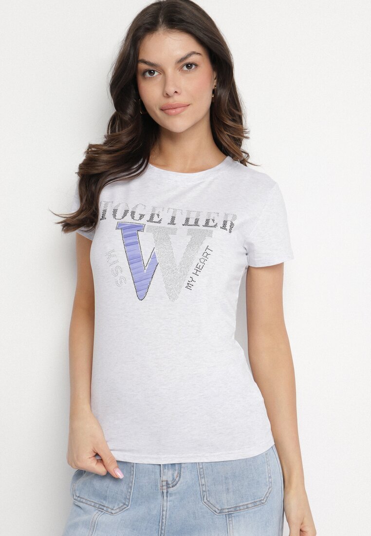 emt Tricou Gri deschis din bumbac Decorat cu inscripție și cristale Raltebis