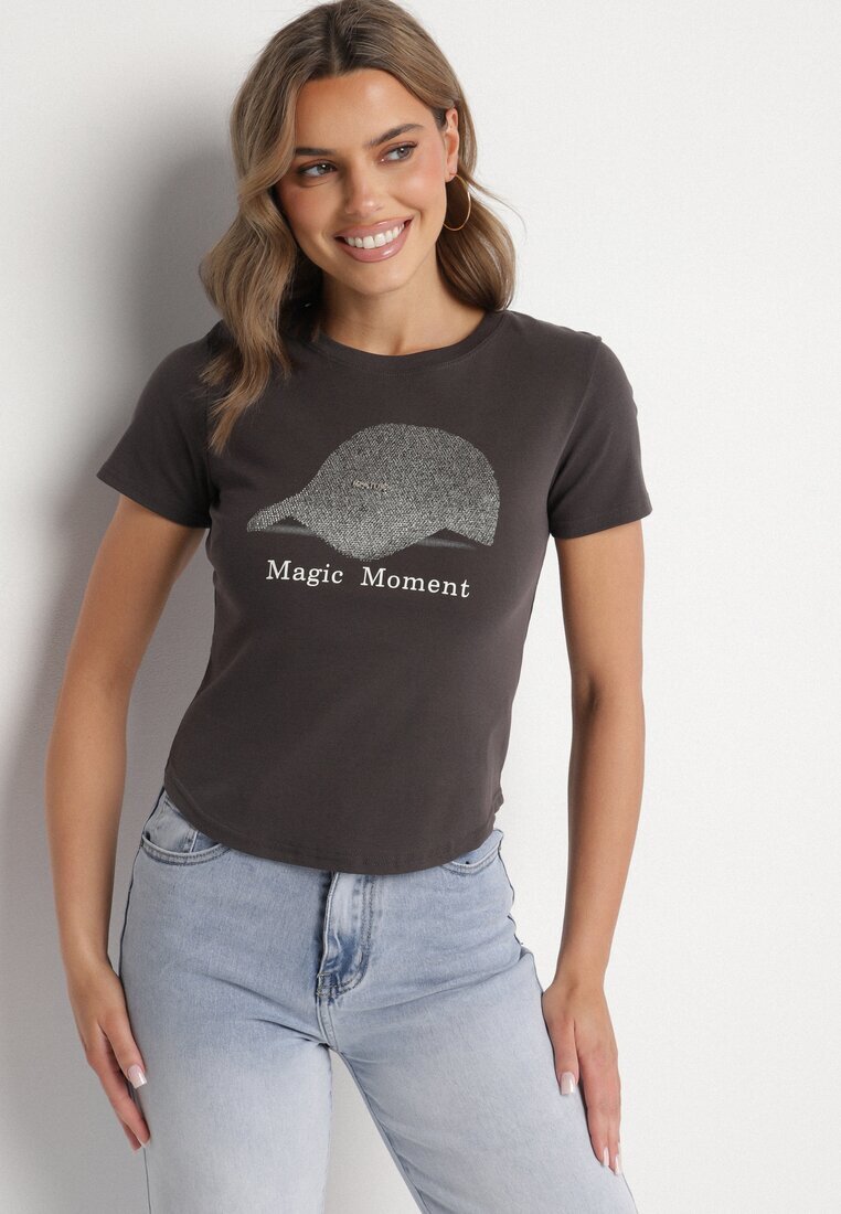 emt Tricou Gri închis din bumbac cu imprimeu de șapcă și cu zirconii