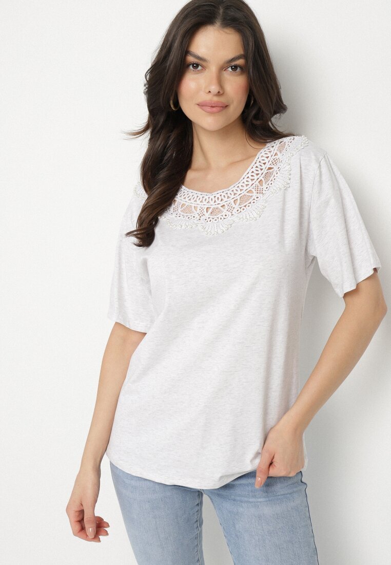 emt Tricou Gri Oversize cu Dantelă Decorativă și Perle Elanoriel