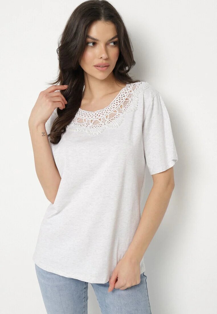 emt Tricou Gri Oversize cu Dantelă Decorativă și Perle Elanoriel