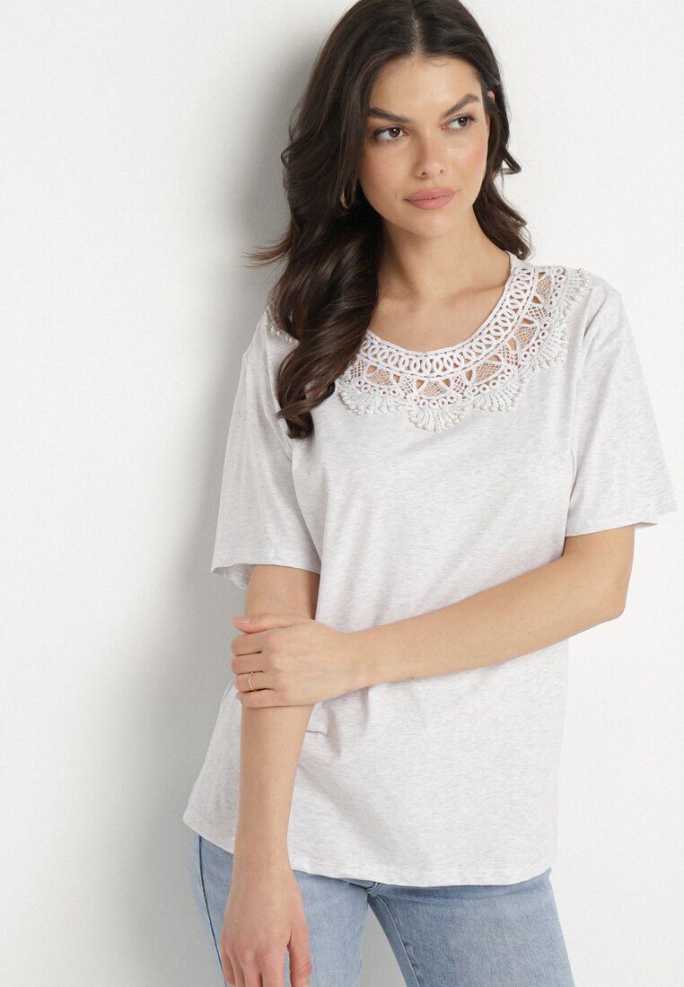 emt Tricou Gri Oversize cu Dantelă Decorativă și Perle Elanoriel