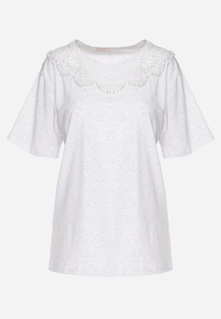 emt Tricou Gri Oversize cu Dantelă Decorativă și Perle Elanoriel