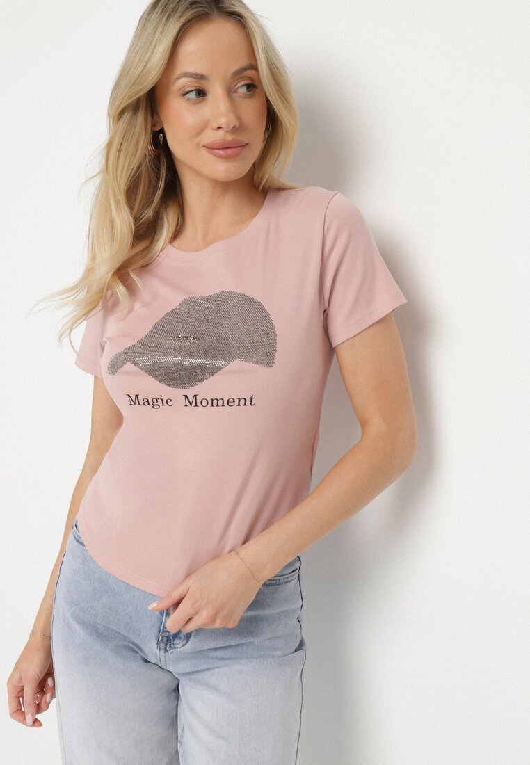 emt Tricou Roz din bumbac cu imprimeu șapcă și zirconii