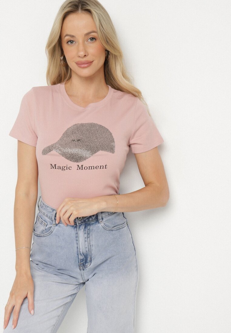 emt Tricou Roz din bumbac cu imprimeu șapcă și zirconii