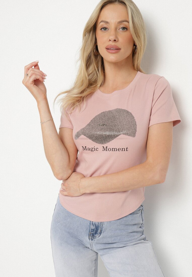 emt Tricou Roz din bumbac cu imprimeu șapcă și zirconii