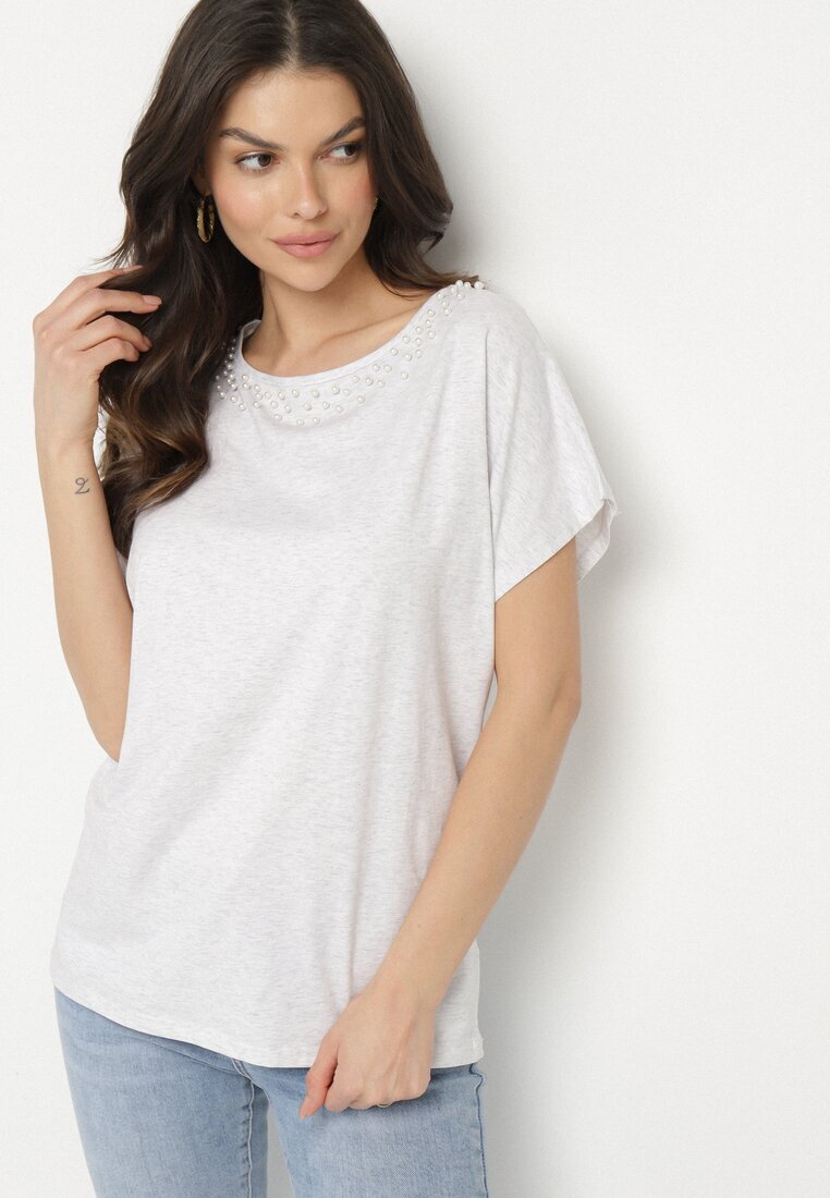 emt Tricou stil liliac Gri deschis De bumbac cu Perle și Dantelă Eleziria