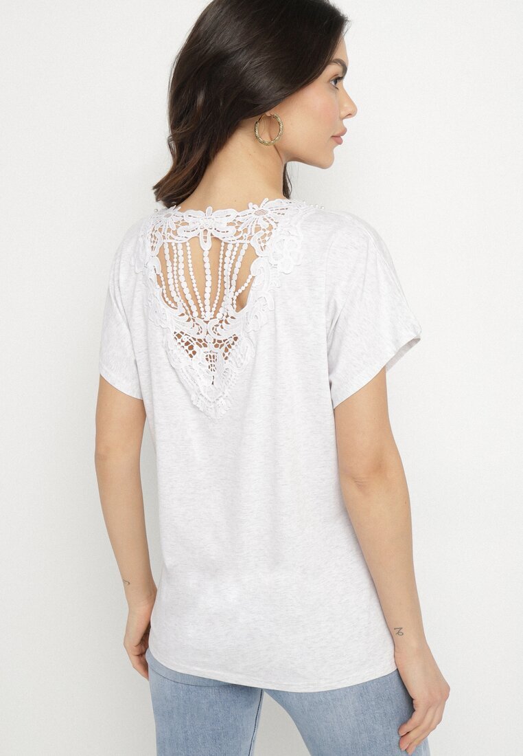 emt Tricou stil liliac Gri deschis De bumbac cu Perle și Dantelă Eleziria
