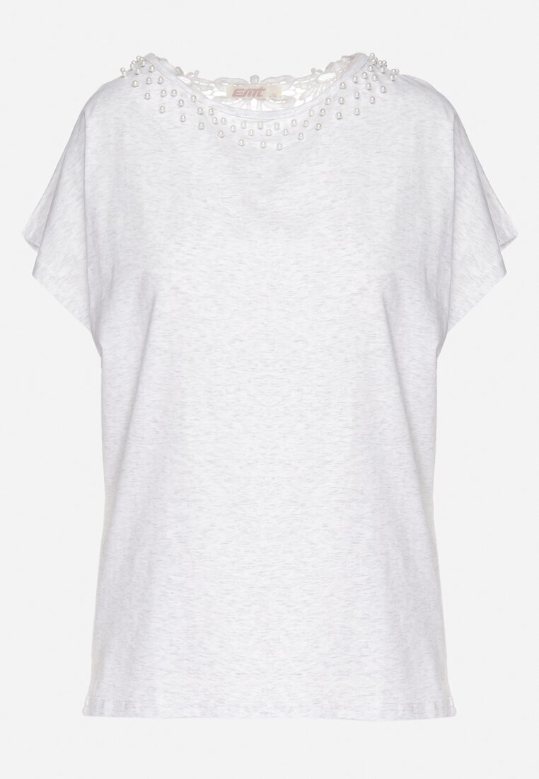 emt Tricou stil liliac Gri deschis De bumbac cu Perle și Dantelă Eleziria