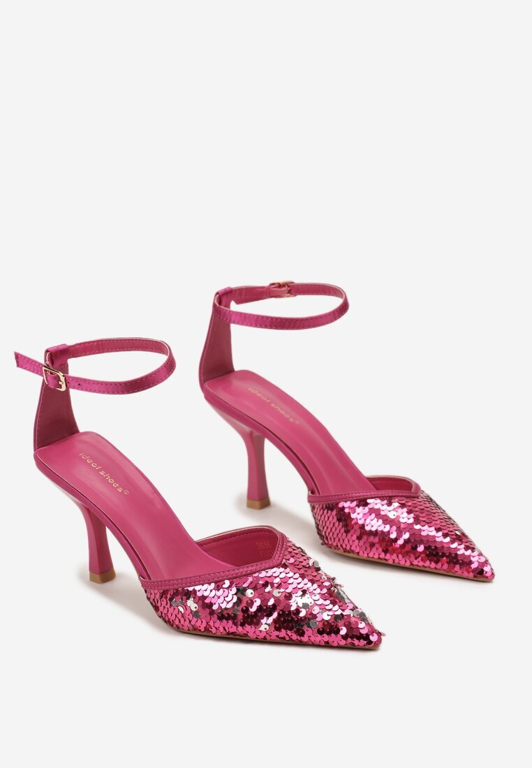  Escarpini de satin fucsia cu paiete și toc pisicuță Ocerdia