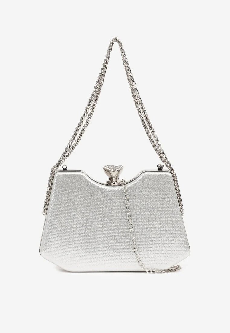 fashion bags Geantă Plic Trapezoidală Argintie din Material Strălucitor cu Lanț Detașabil Geriora