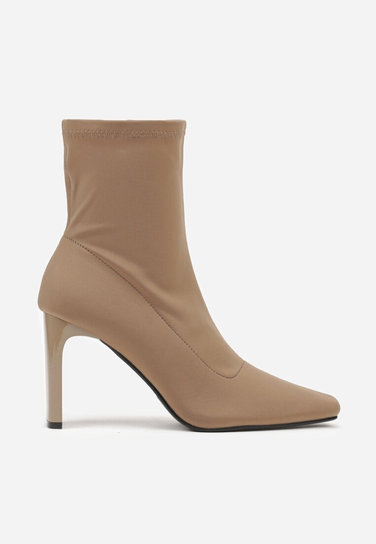 fashion belle Botine bej închis tip șosetă cu toc bloc și vârf ascuțit Atine